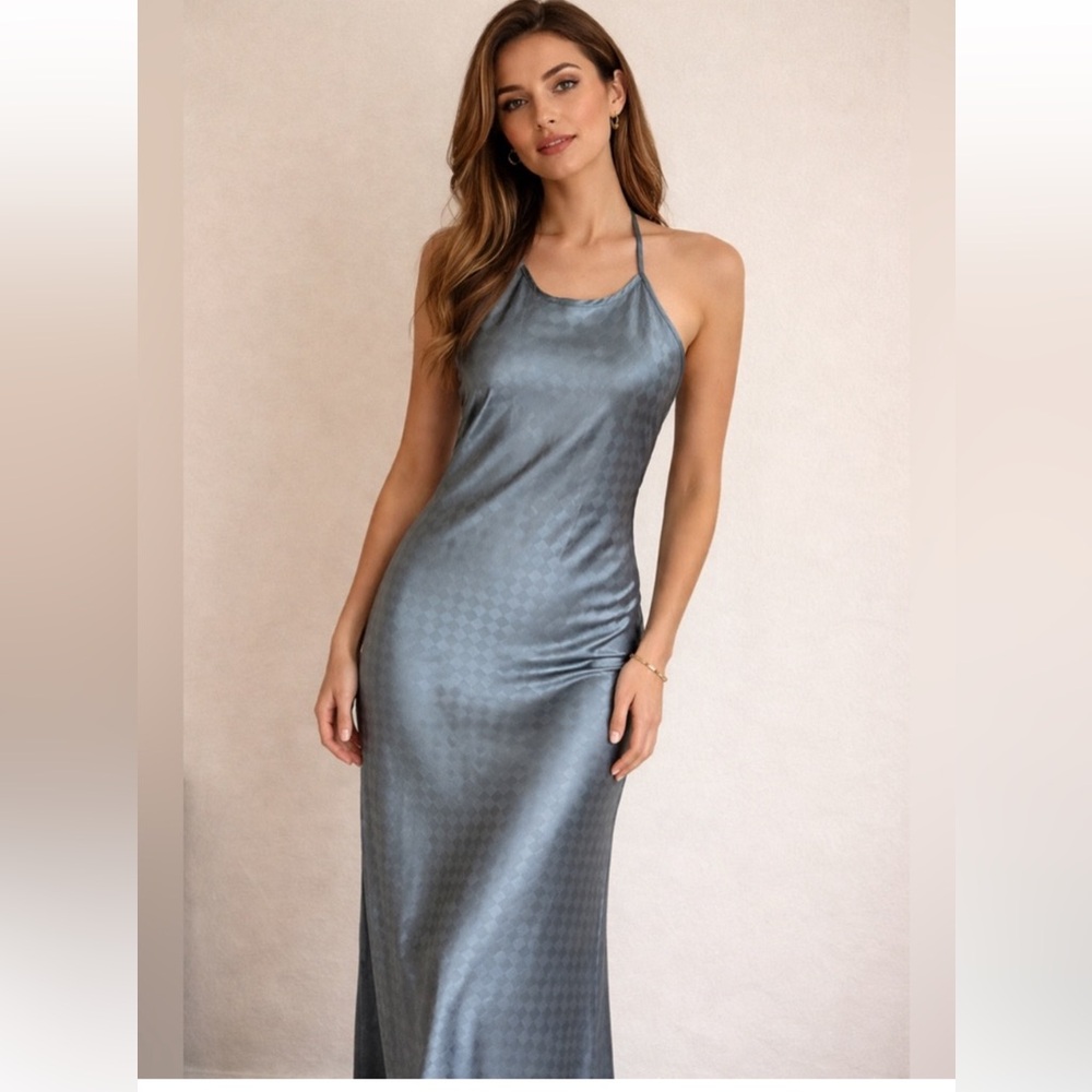 House of Harlow Steel Blue Backless Satin Slip Dress Halter Top Midi Diamond NWT
